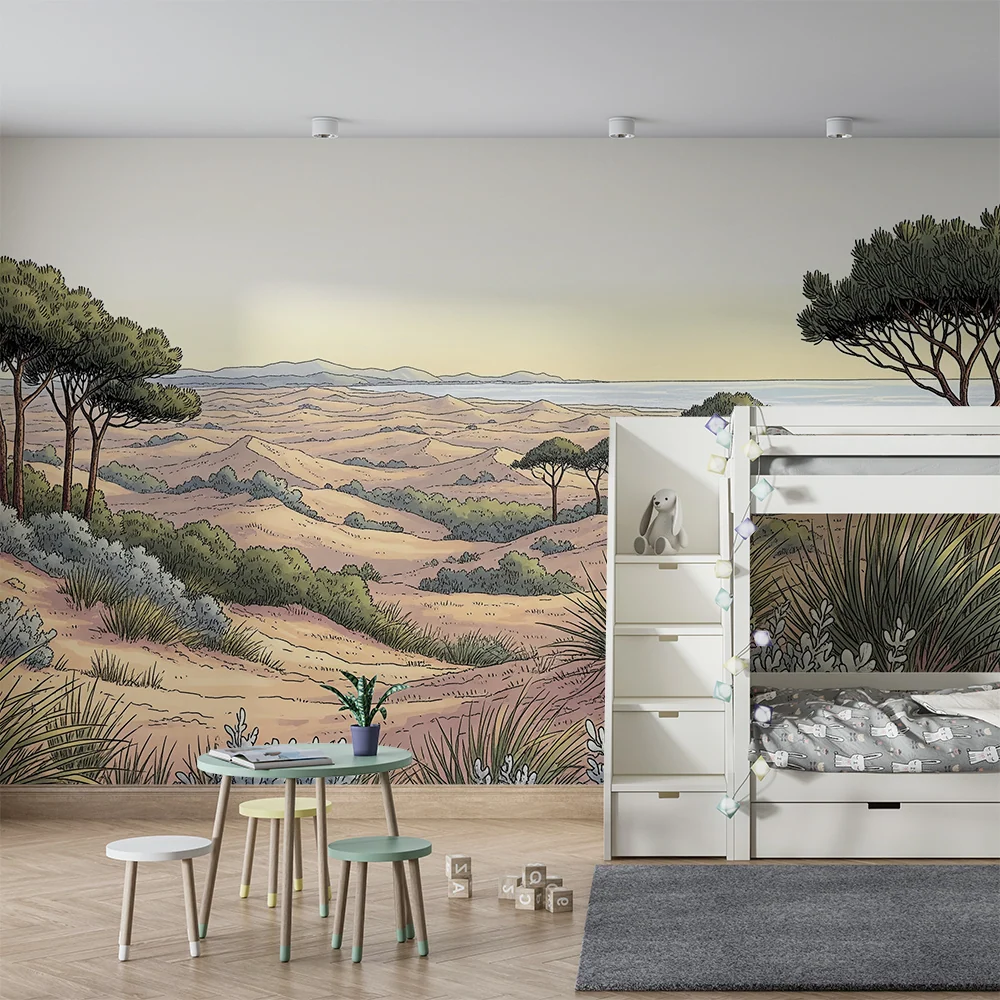 Papel de parede crianç | Paisagem desértica com pinheiros e dunas de areia