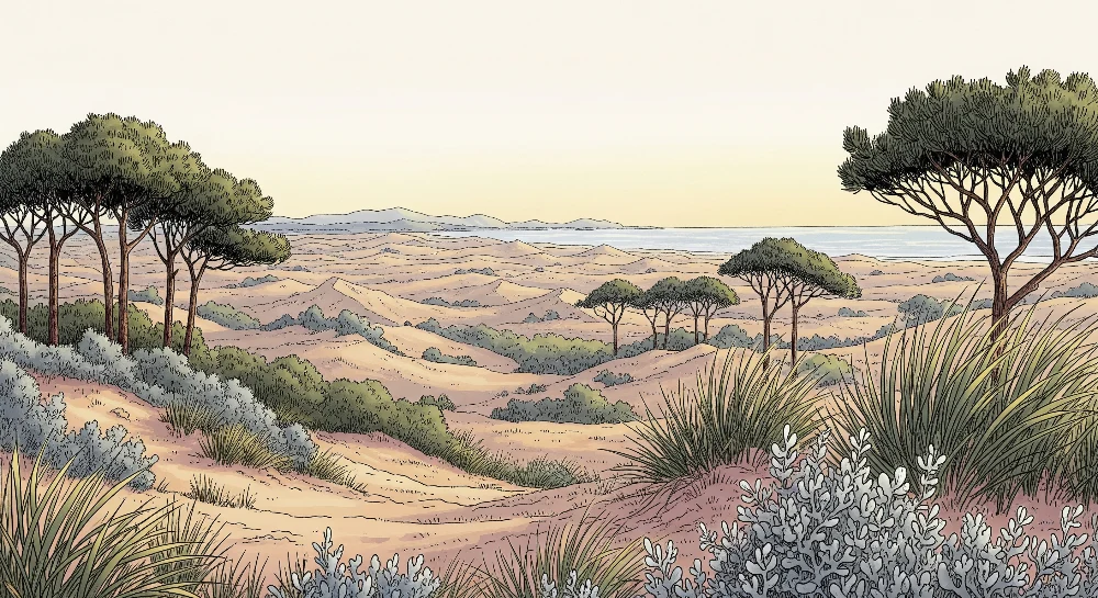 Papel de parede crianç | Paisagem desértica com pinheiros e dunas de areia