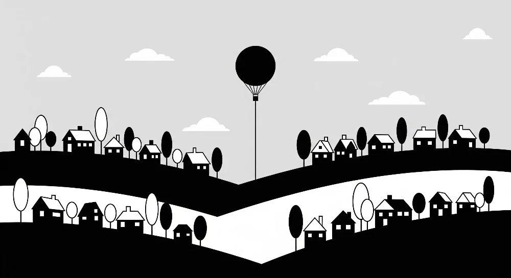 Papel de parede crianç | Paisagem monocromática com balão de ar quente e casas
