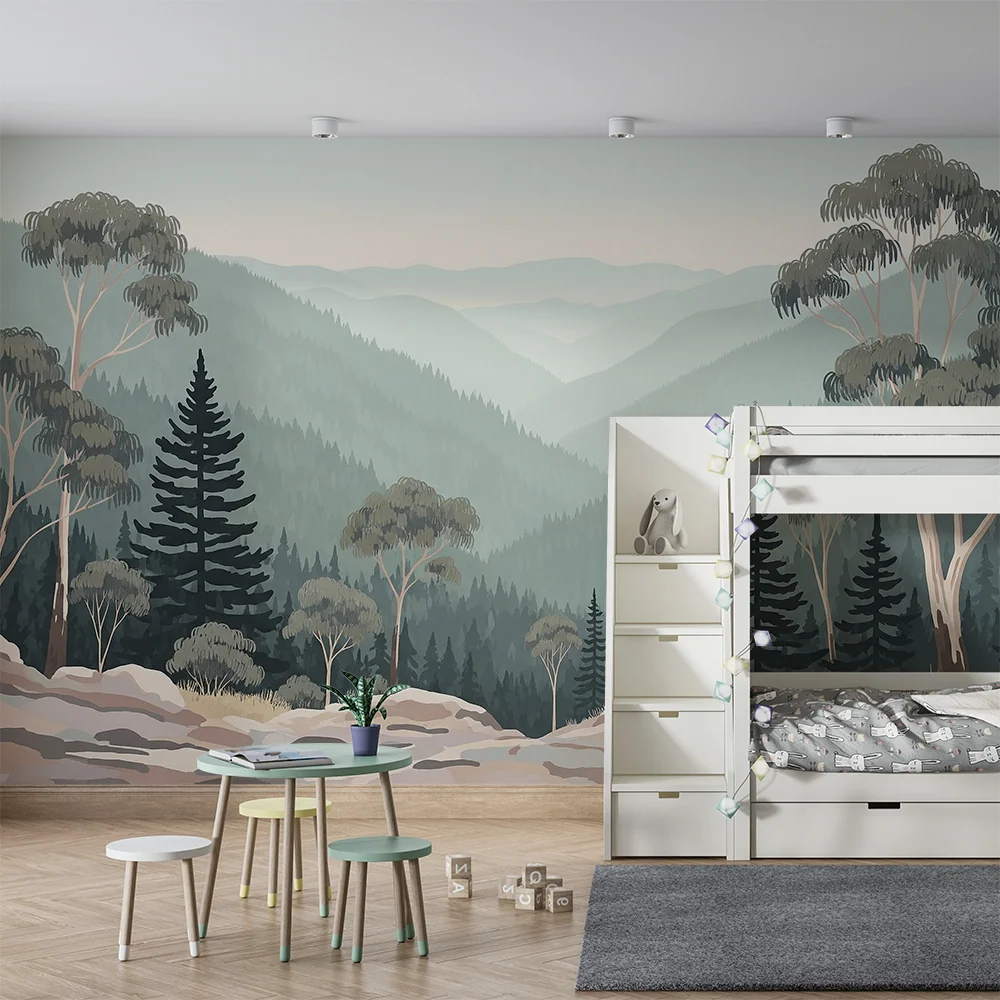 Papel de parede crianç | Paisagem de montanha com eucaliptos e pinheiros