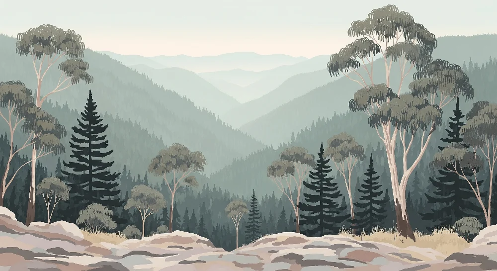 Papel de parede crianç | Paisagem de montanha com eucaliptos e pinheiros