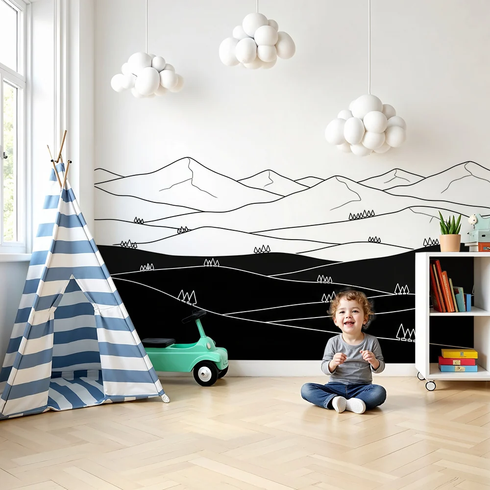 Papel de parede crianç | Paisagem de montanha em preto e branco minimalista