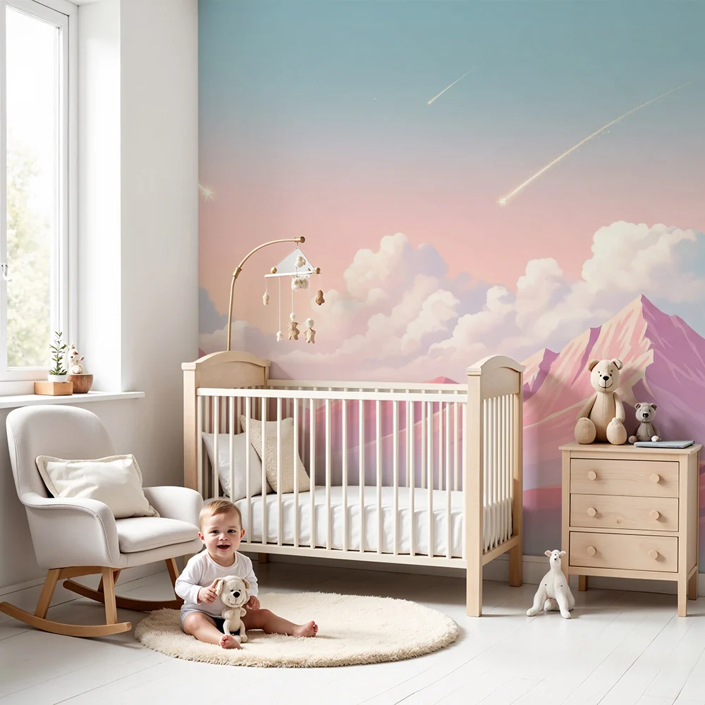 Papel de parede crianç | Paisagem de montanha em tons pastel com estrelas cadentes