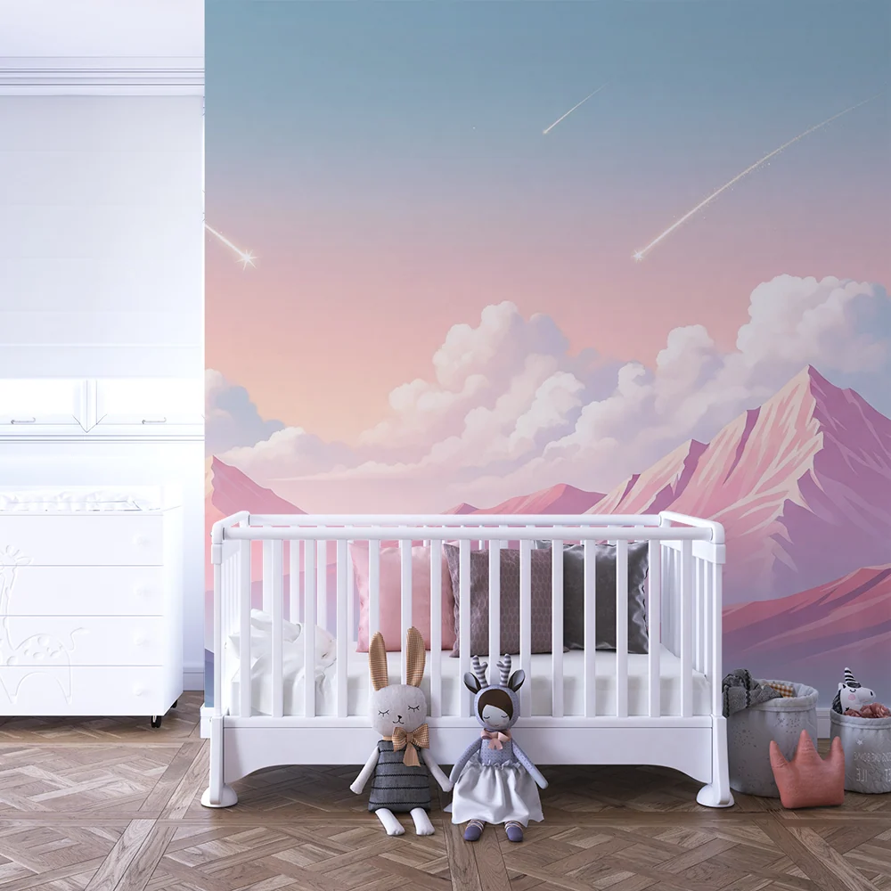 Papel de parede crianç | Paisagem de montanha em tons pastel com estrelas cadentes