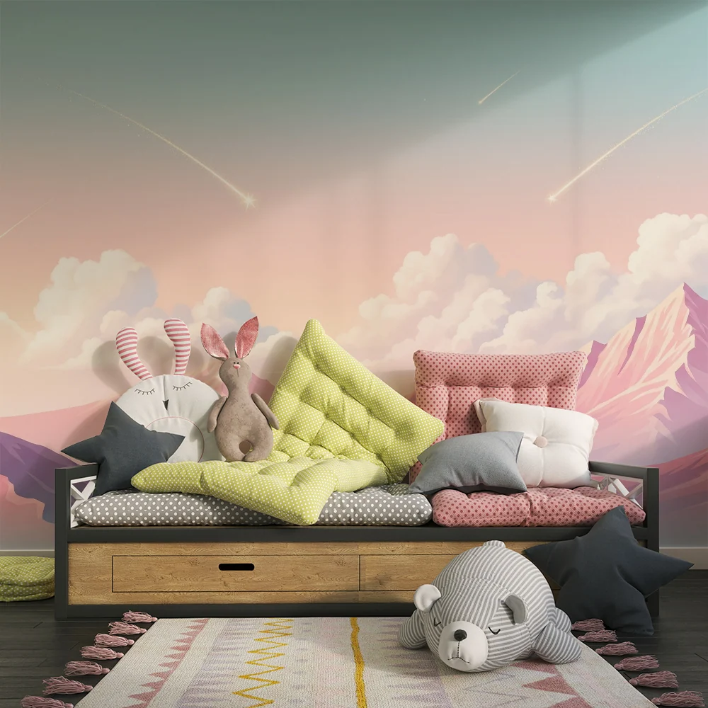 Papel de parede crianç | Paisagem de montanha em tons pastel com estrelas cadentes