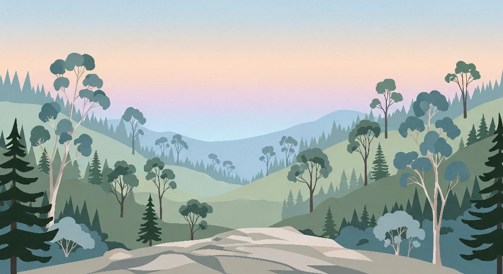 Papel de parede crianç | Paisagem de montanha tranquila com árvores estilizadas