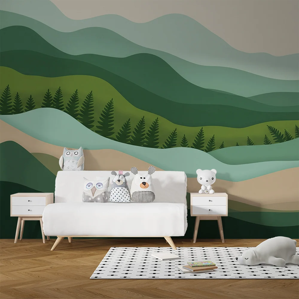 Papel de parede crianç | Paisagem de montanhas estilizadas em degradê de verdes