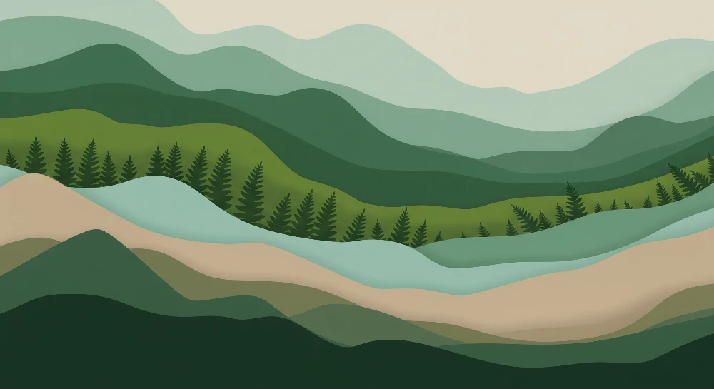 Papel de parede crianç | Paisagem de montanhas estilizadas em degradê de verdes