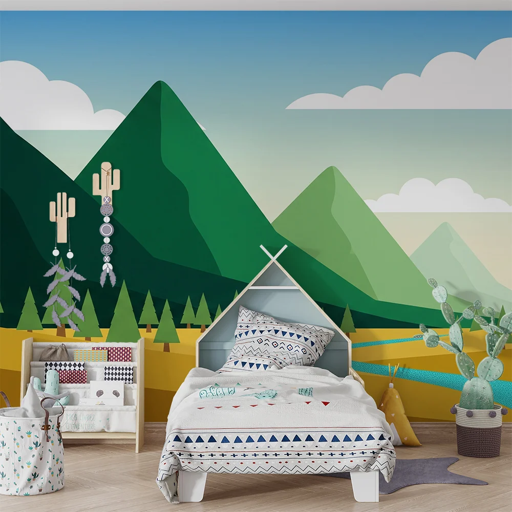 Papel de parede crianç | Paisagem montanhosa com rios e florestas verdejantes