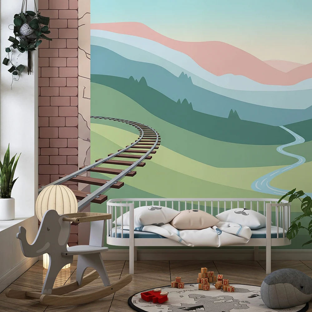 Papel de parede crianç | Paisagem montanhosa com ferrovia e rio