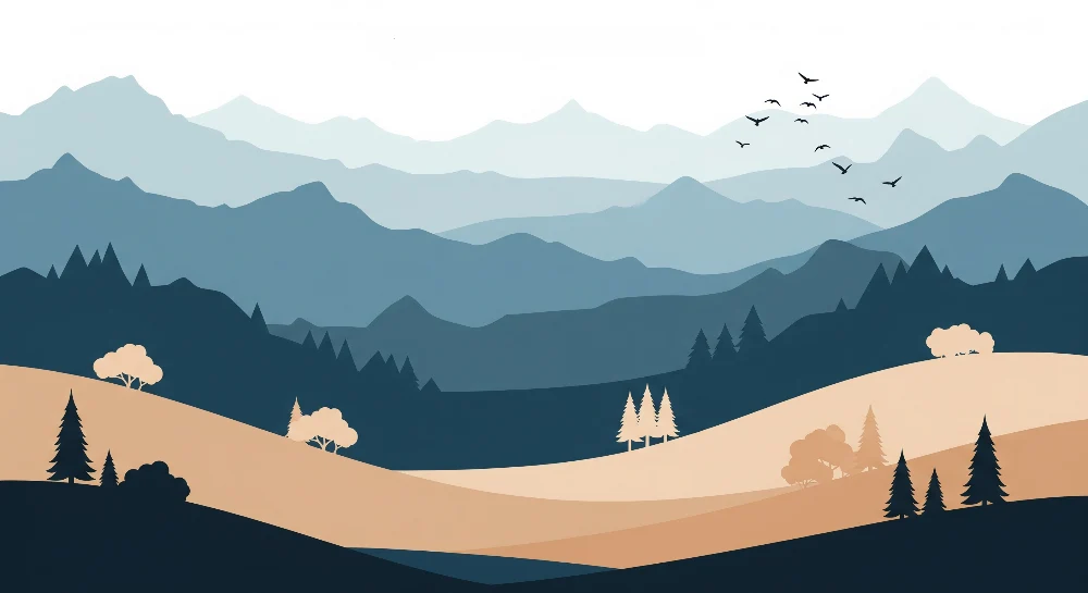 Papel de parede crianç | Paisagem montanhosa tranquila com árvores e pássaros