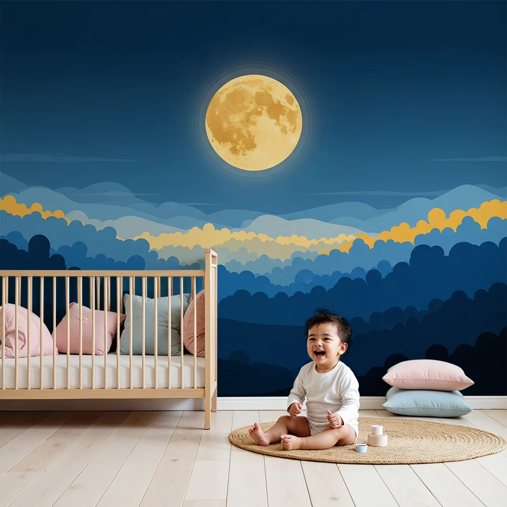 Papel de parede crianç | Paisagem noturna com lua e nuvens suaves
