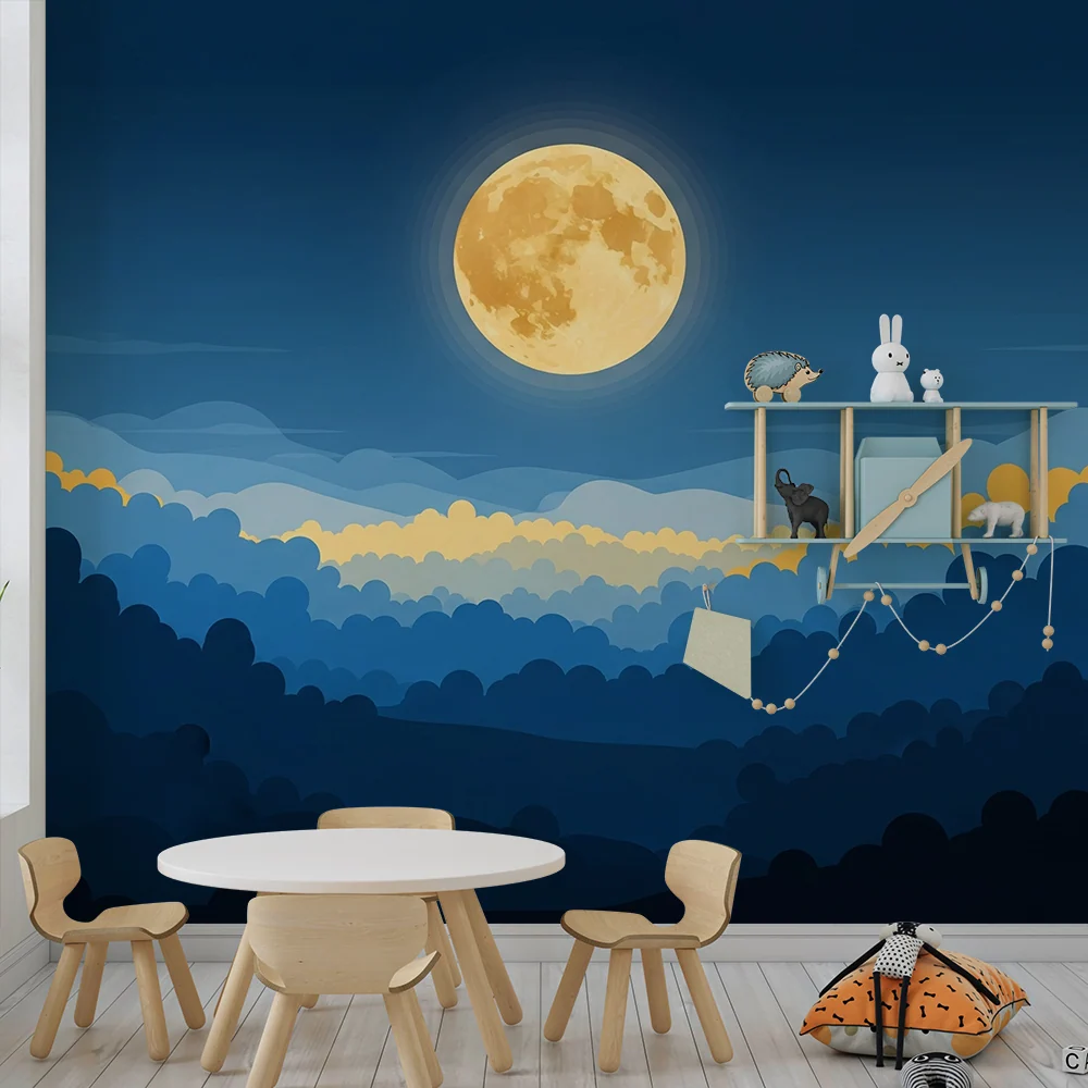 Papel de parede crianç | Paisagem noturna com lua e nuvens suaves