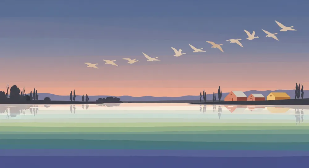 Papel de parede crianç | Paisagem pacífica com patos e casas coloridas à beira da água