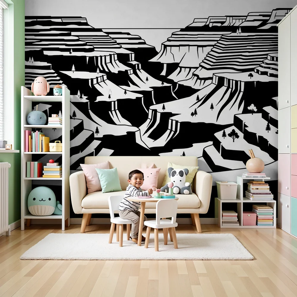 Papel de parede crianç | Paisagem em preto e branco com desfiladeiros e árvores