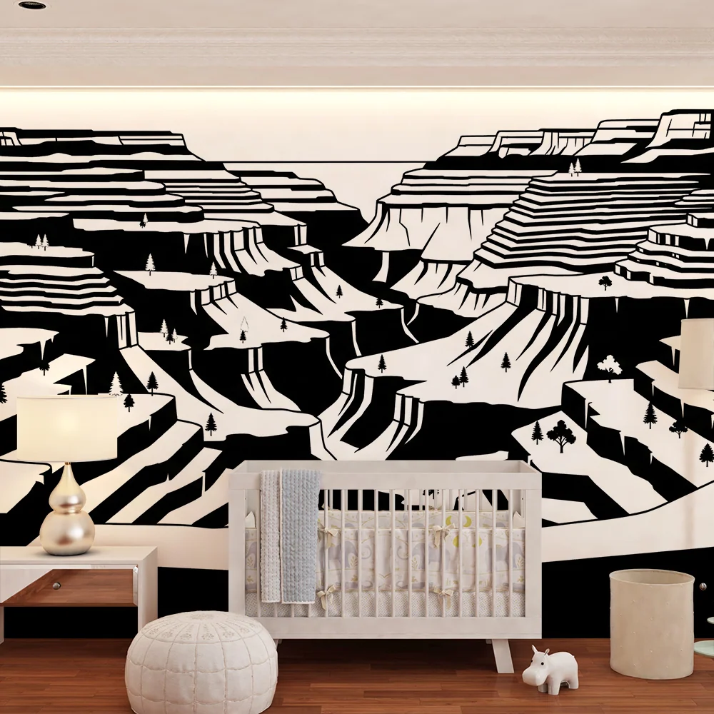 Papel de parede crianç | Paisagem em preto e branco com desfiladeiros e árvores