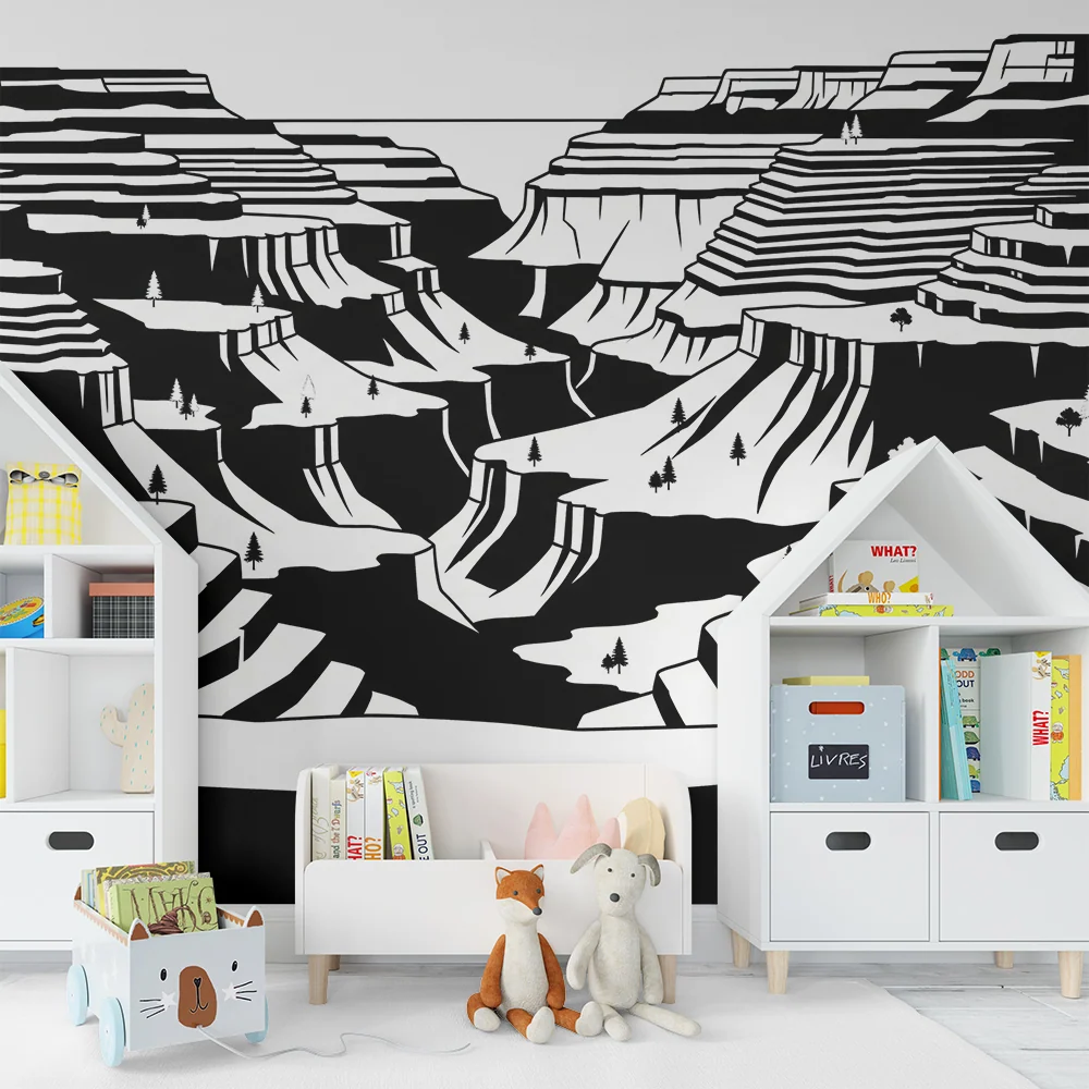 Papel de parede crianç | Paisagem em preto e branco com desfiladeiros e árvores
