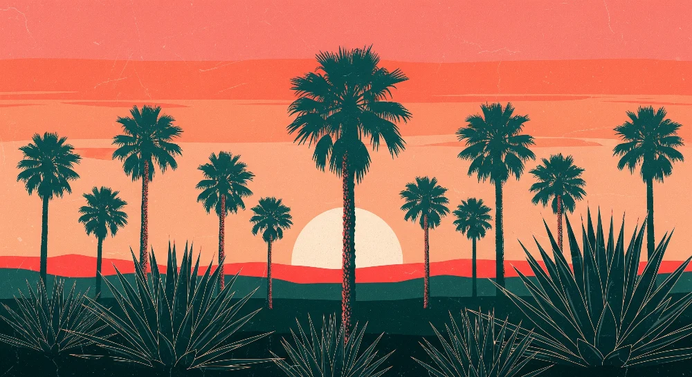 Papel de parede crianç | Palmeiras ao pôr do sol em uma paisagem tropical