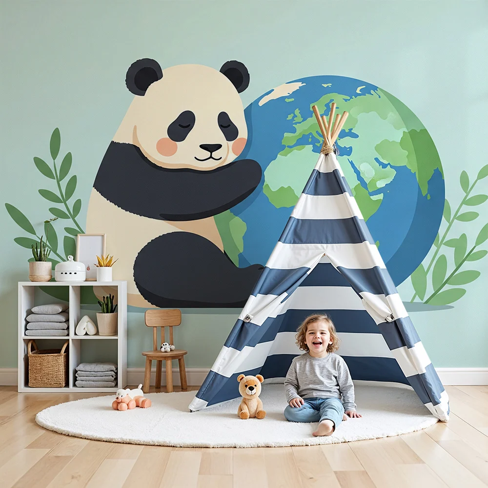 Papel de parede crianç | Panda abraçando Terra com folhagens suaves