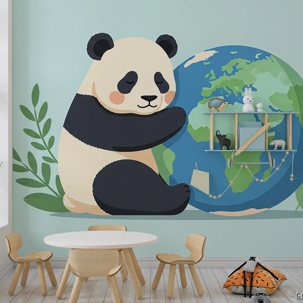 Papel de parede crianç | Panda abraçando Terra com folhagens suaves