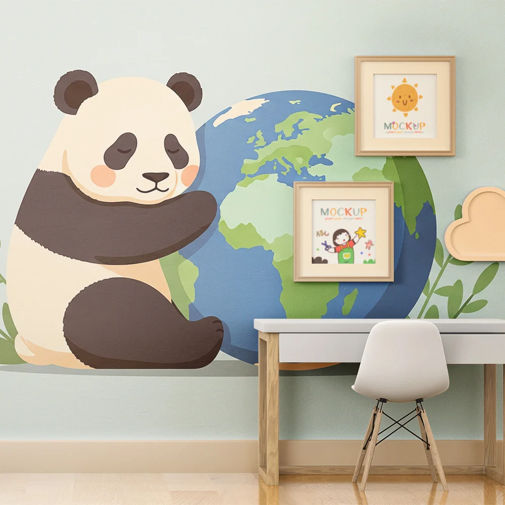 Papel de parede crianç | Panda abraçando Terra com folhagens suaves