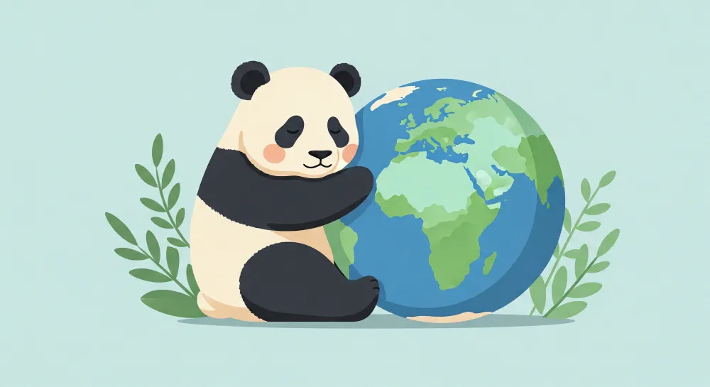Papel de parede crianç | Panda abraçando Terra com folhagens suaves