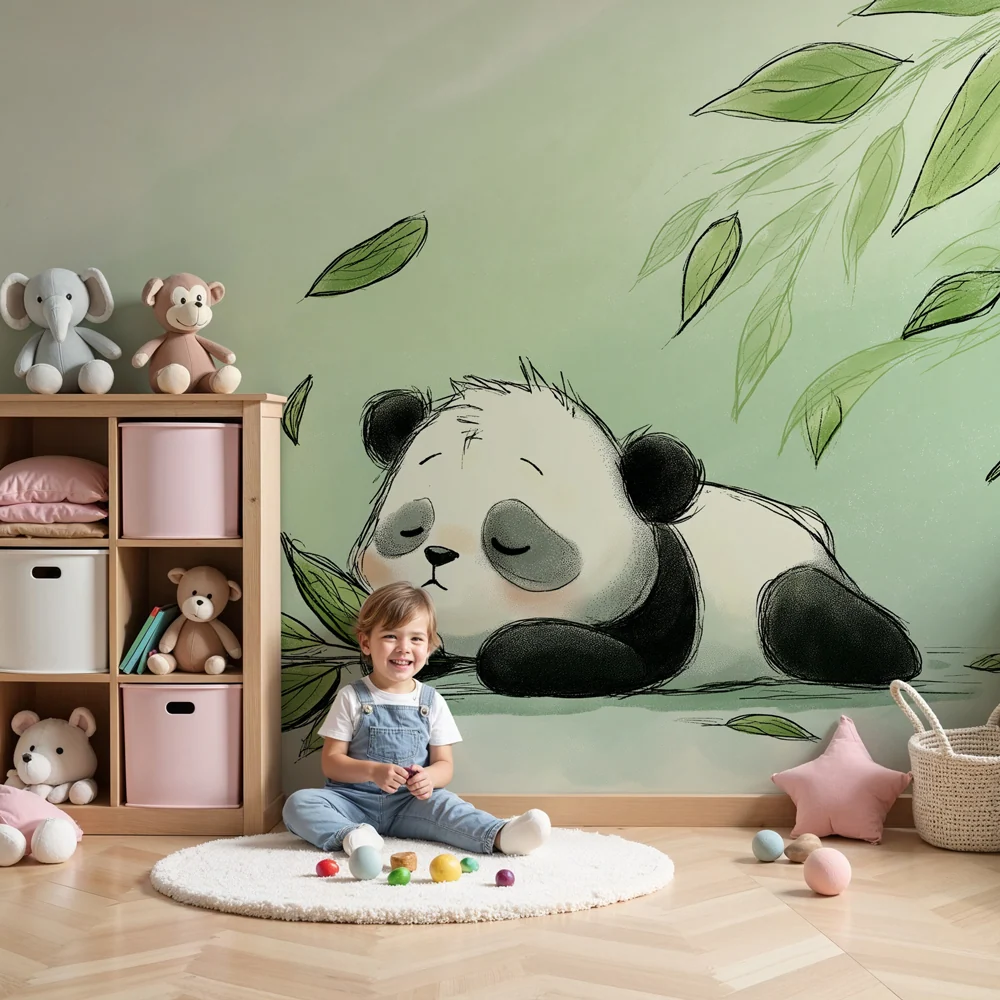 Papel de parede crianç | Panda adormecido e folhas suaves