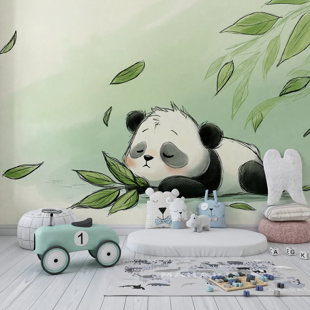 Papel de parede crianç | Panda adormecido e folhas suaves