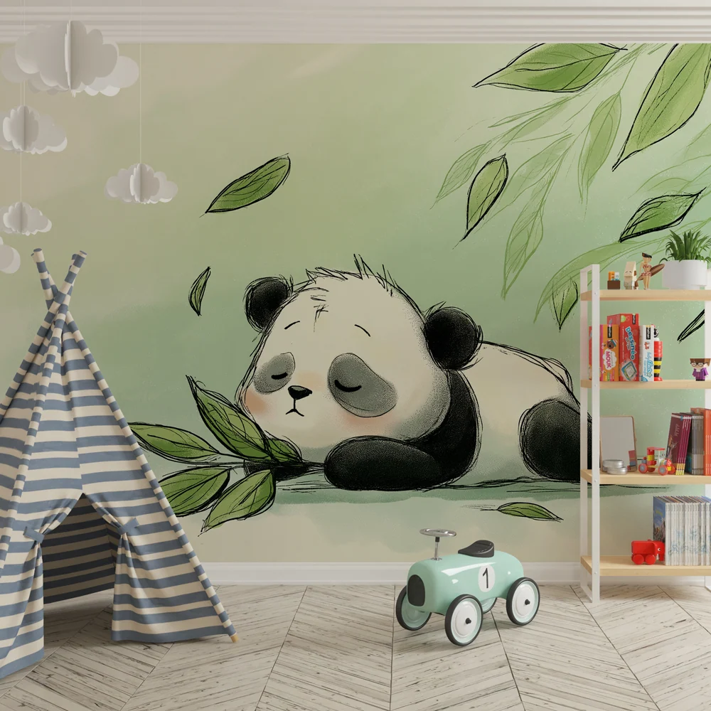 Papel de parede crianç | Panda adormecido e folhas suaves