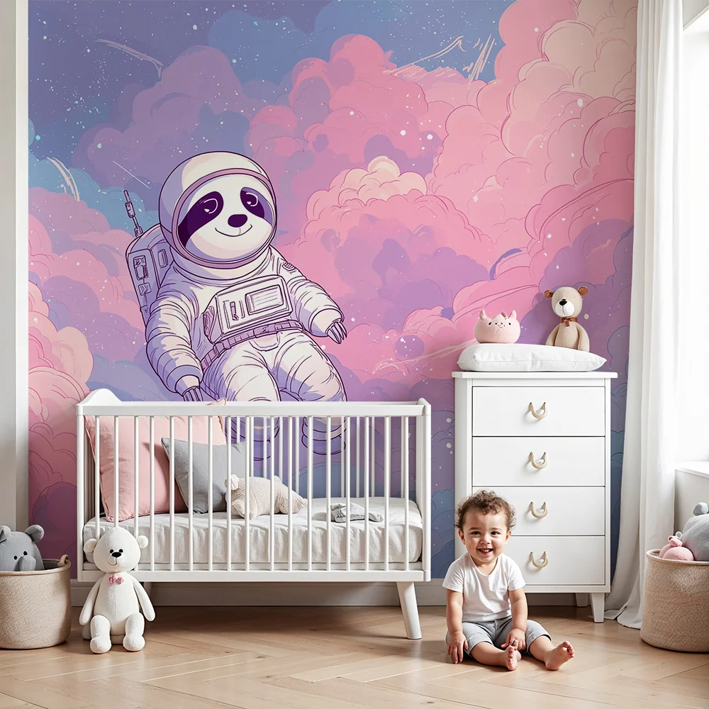 Papel de parede crianç | Panda astronauta flutuando num céu pastel
