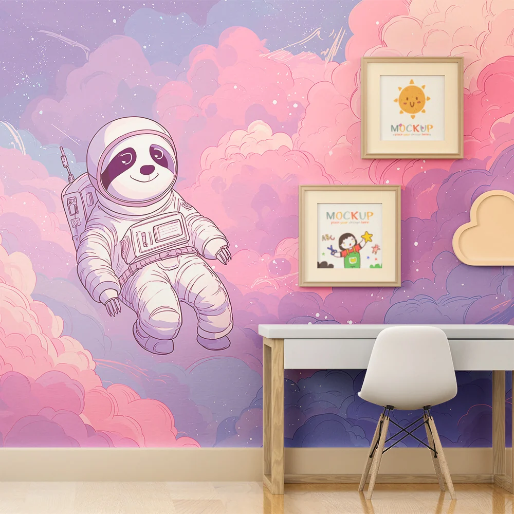 Papel de parede crianç | Panda astronauta flutuando num céu pastel