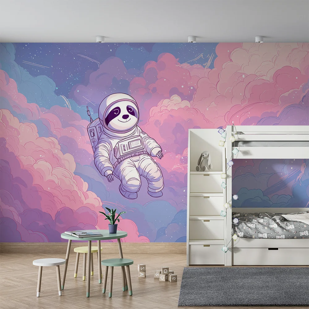 Papel de parede crianç | Panda astronauta flutuando num céu pastel
