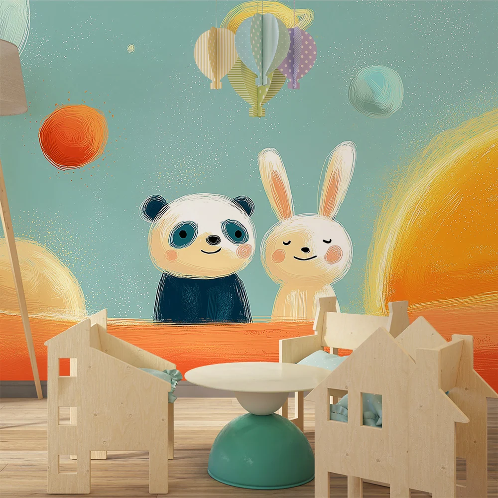 Papel de parede crianç | Panda e coelho exploradores do espaço