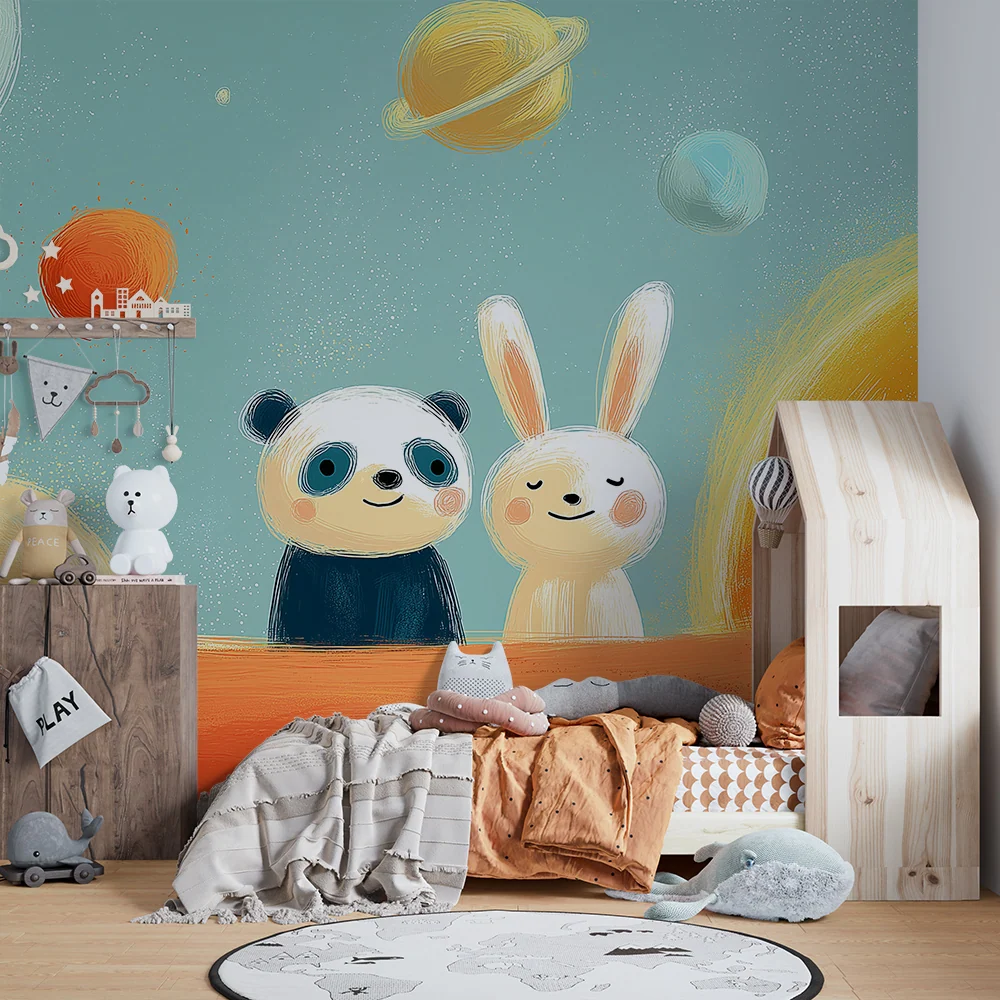 Papel de parede crianç | Panda e coelho exploradores do espaço