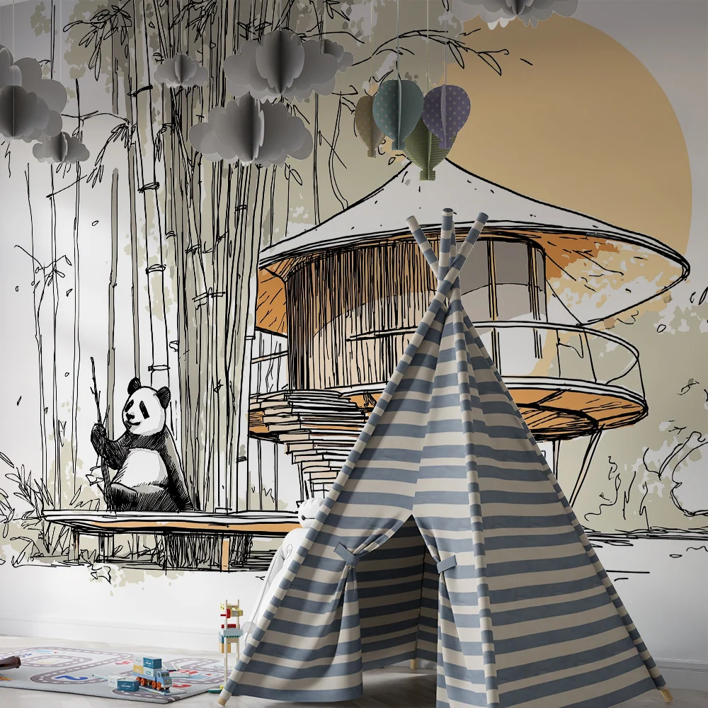 Papel de parede crianç | Panda fofo e casa no bambu