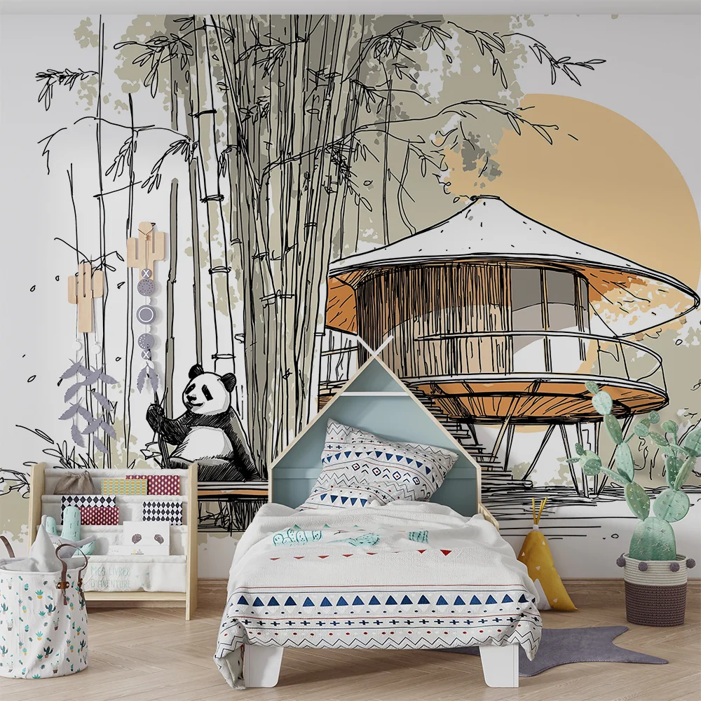 Papel de parede crianç | Panda fofo e casa no bambu