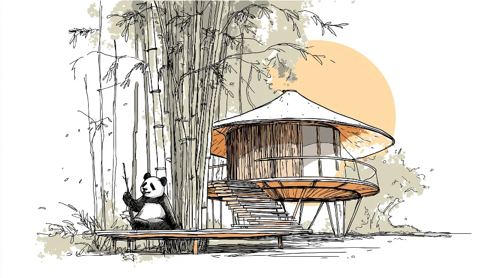 Papel de parede crianç | Panda fofo e casa no bambu