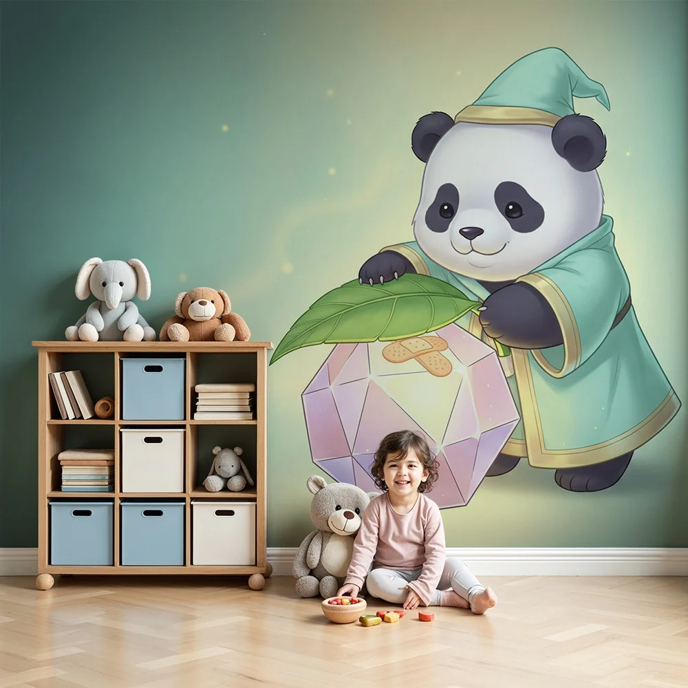 Papel de parede crianç | Panda fofo com uma lanterna mágica