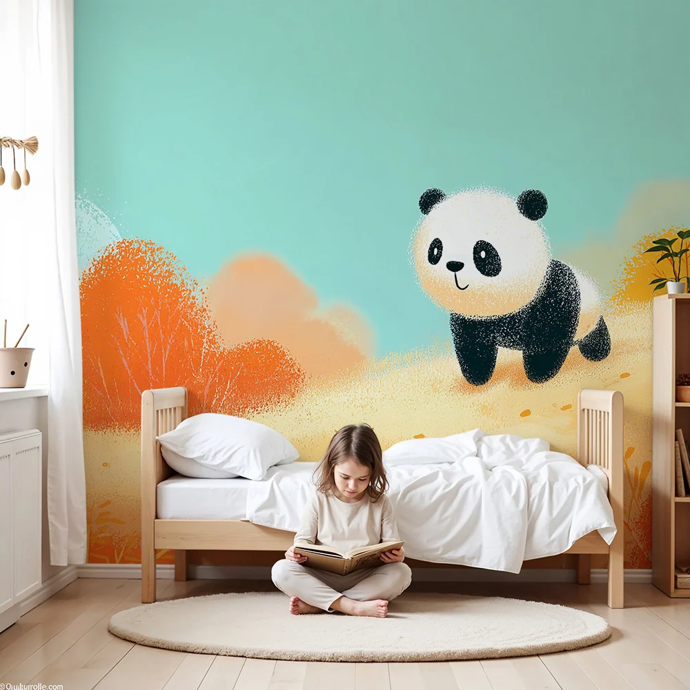 Papel de parede crianç | Panda fofo num cenário colorido de outono