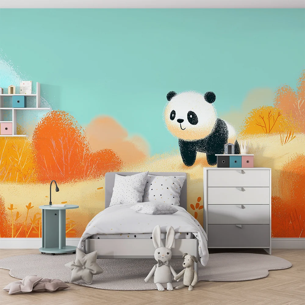 Papel de parede crianç | Panda fofo num cenário colorido de outono