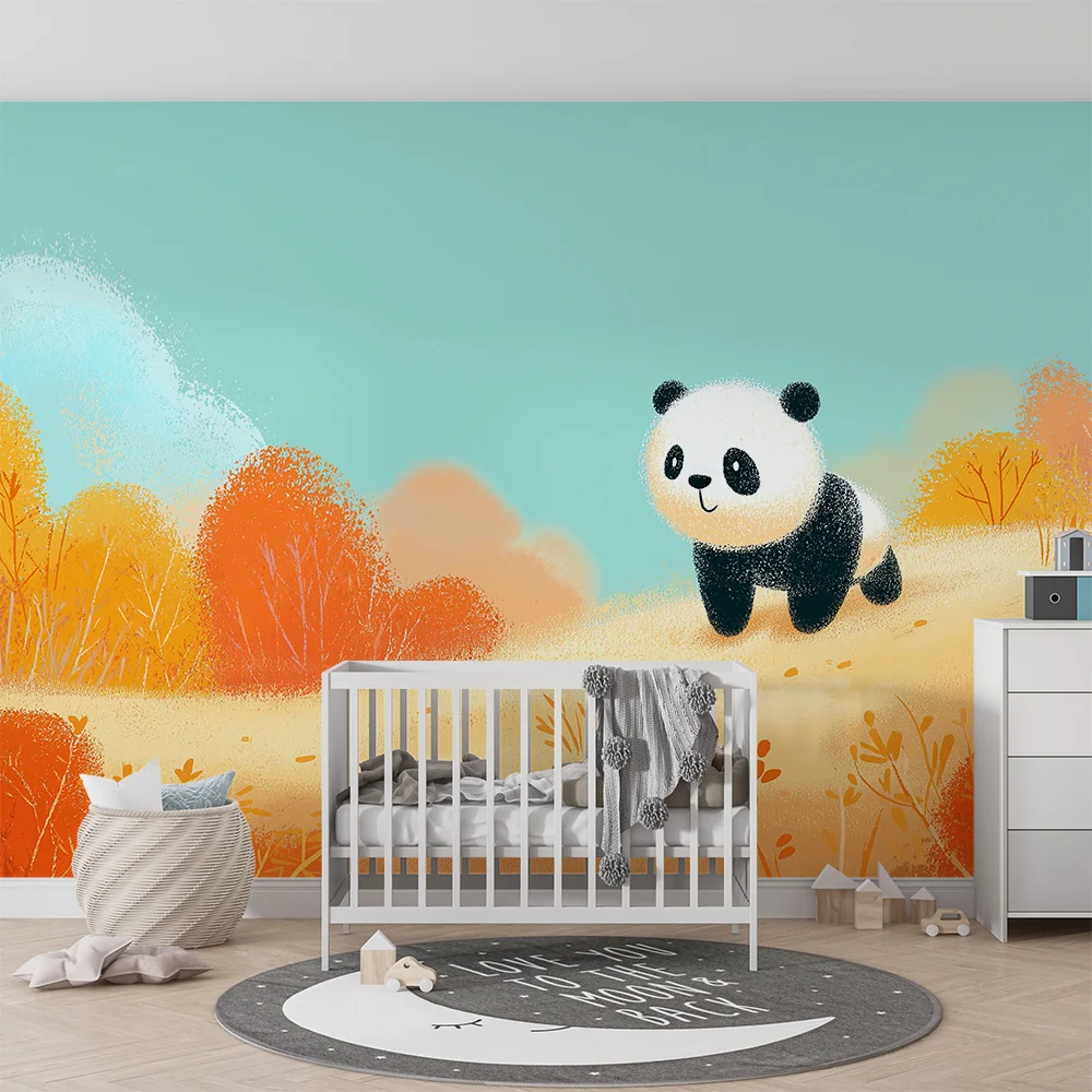 Papel de parede crianç | Panda fofo num cenário colorido de outono
