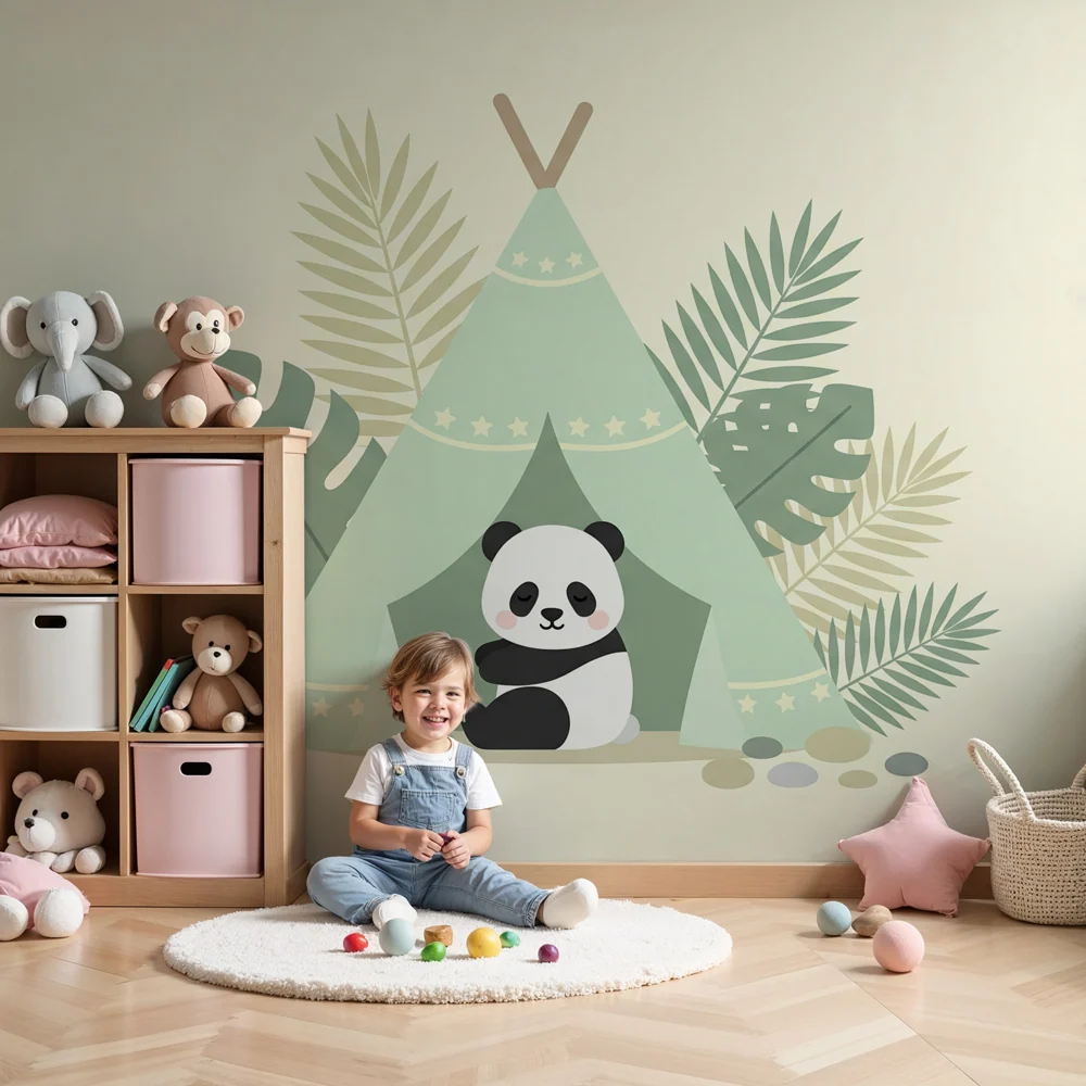 Papel de parede crianç | Panda fofo e tenda de acampamento