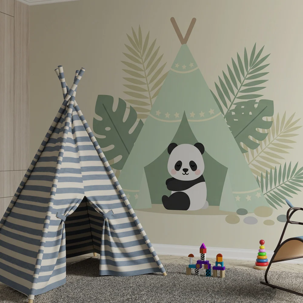 Papel de parede crianç | Panda fofo e tenda de acampamento