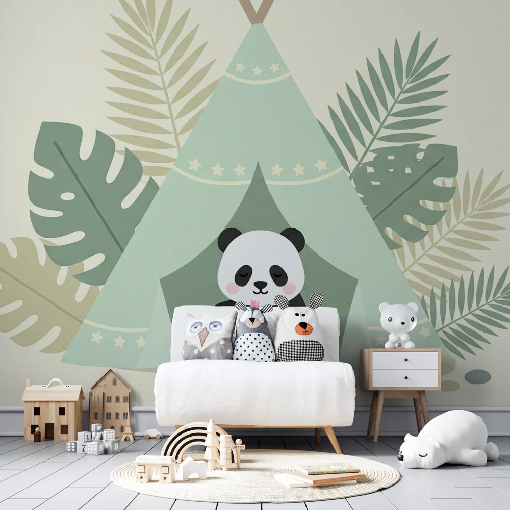 Papel de parede crianç | Panda fofo e tenda de acampamento