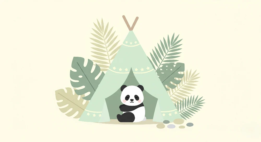 Papel de parede crianç | Panda fofo e tenda de acampamento