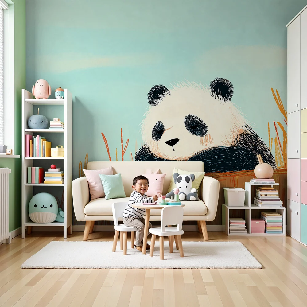 Papel de parede crianç | Panda fofo em um tronco de árvore cercado por vegetação colorida