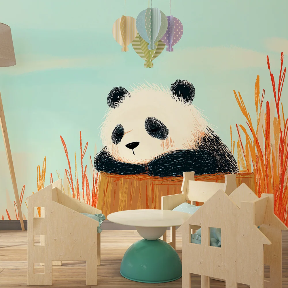 Papel de parede crianç | Panda fofo em um tronco de árvore cercado por vegetação colorida