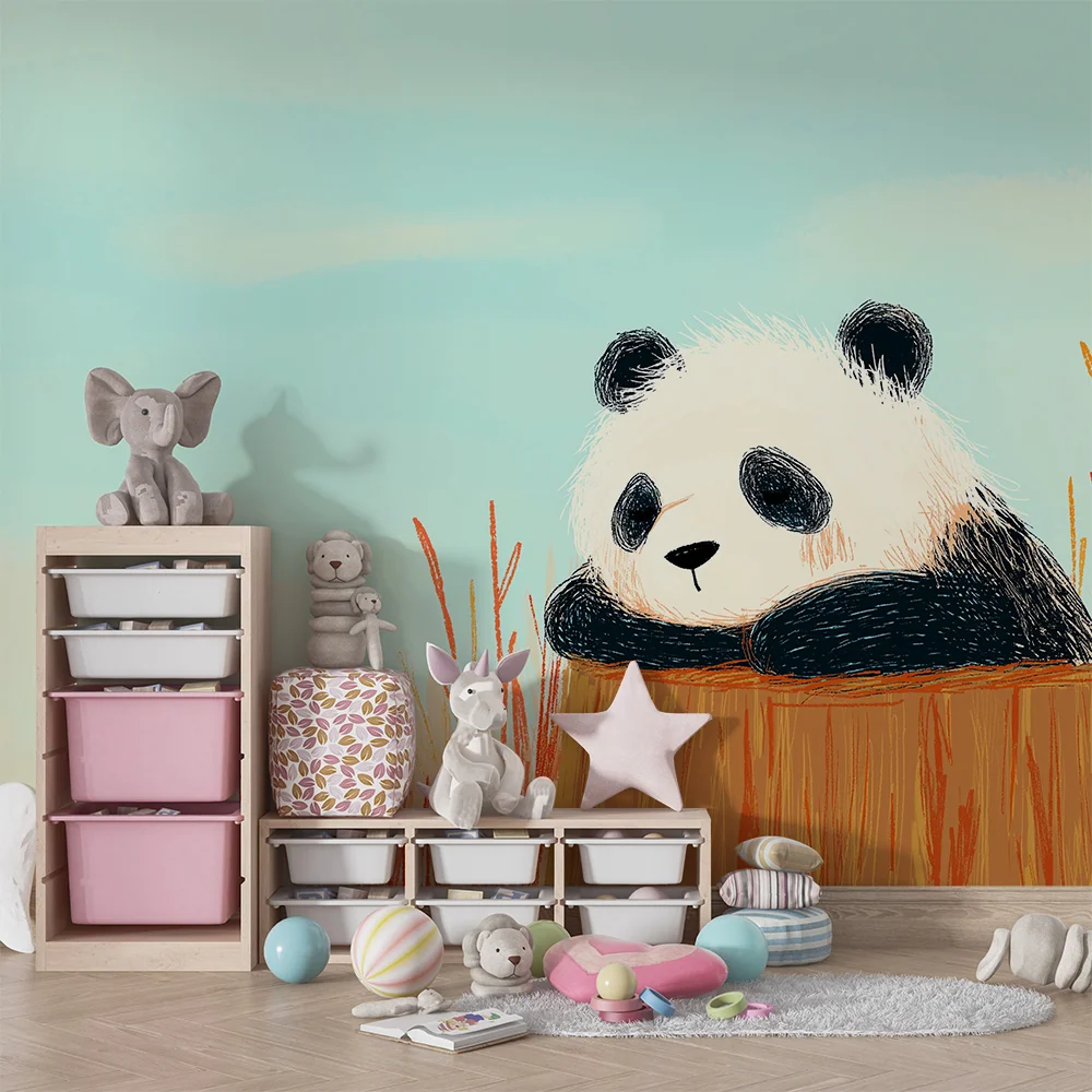 Papel de parede crianç | Panda fofo em um tronco de árvore cercado por vegetação colorida