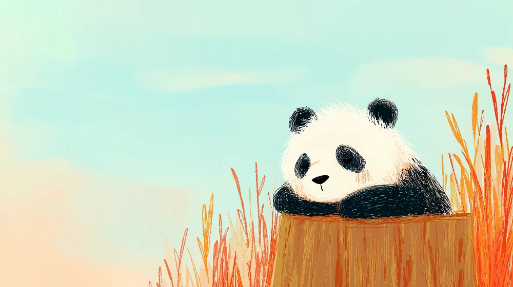 Papel de parede crianç | Panda fofo em um tronco de árvore cercado por vegetação colorida