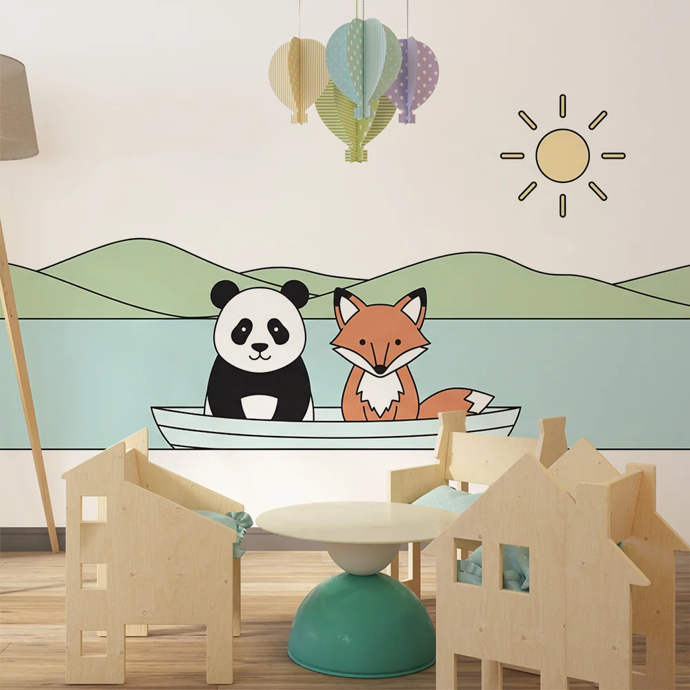 Papel de parede crianç | Panda e raposa num barco num lago tranquilo
